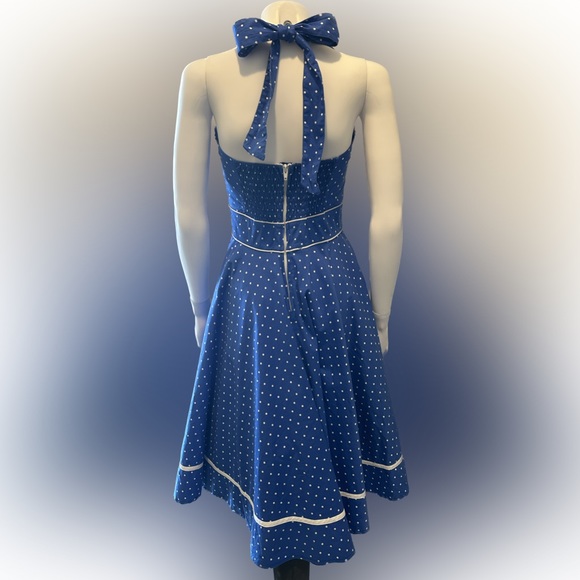 🌟Host Pick🌟 Hell Bunny Vixen Blue Polkadot Dress Rockabilly Pinup Preloved - Picture 2 of 13